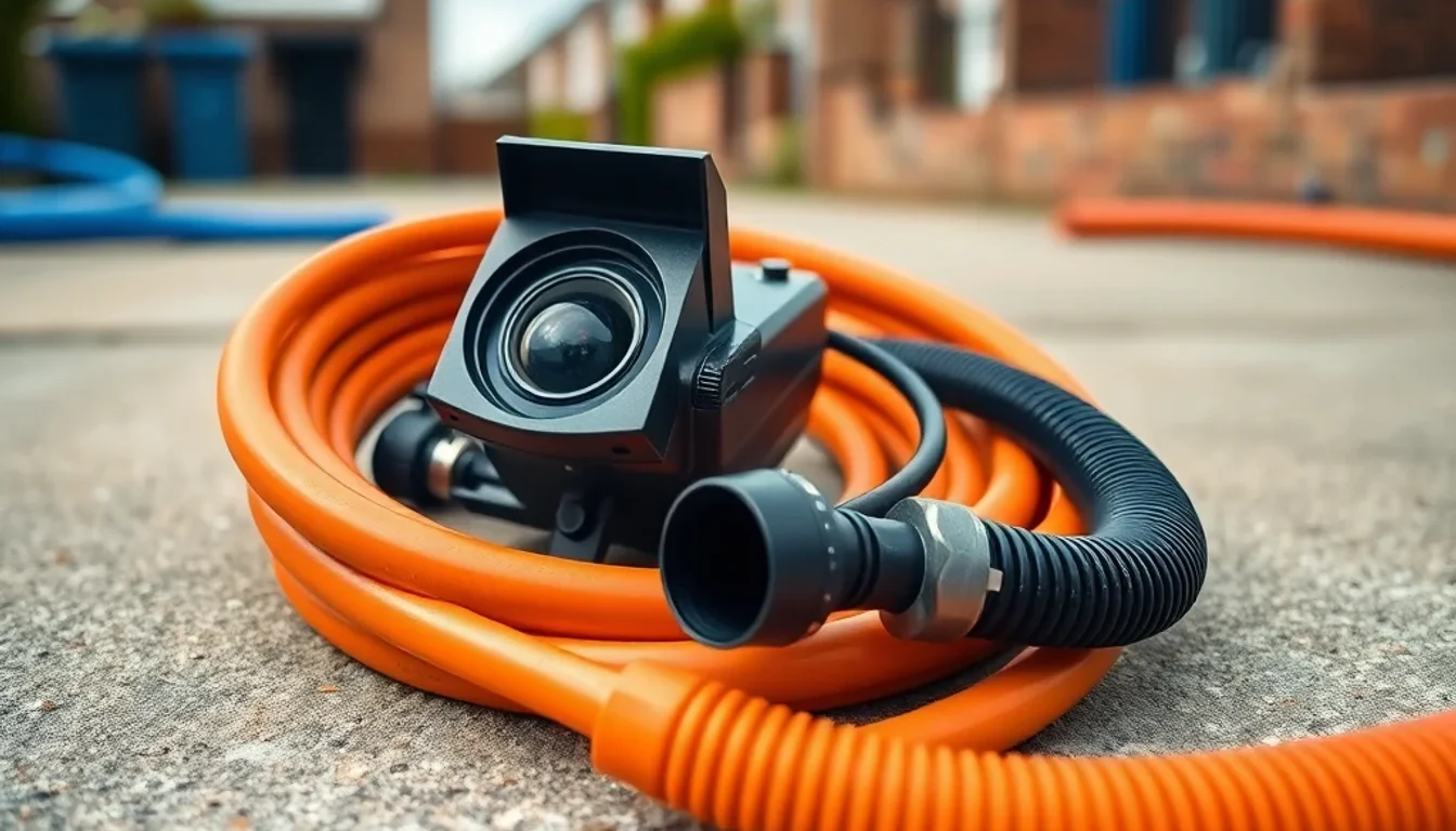 Flat-lay of drain rods, CCTV camera and jetting hose